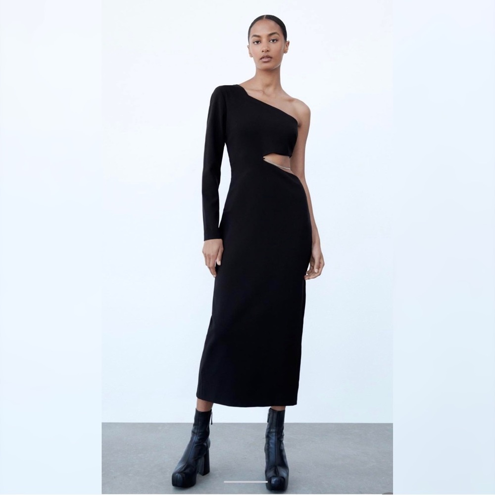 Zara Asymmetric One Shoulder Dress with Cut Out Chain